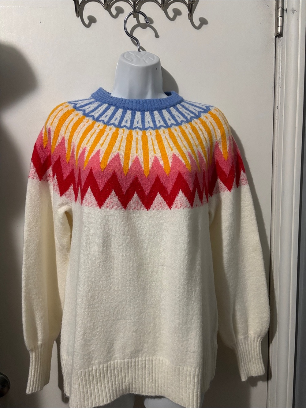 French Connection Cream Sweater with Blue, Yellow, Pink & Red Yoke